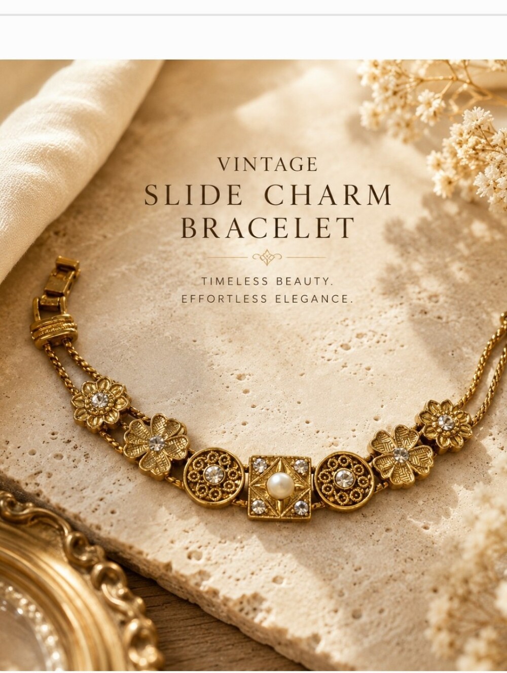 Vintage Sliding Charm Bracelet Gold Tone Rhinestone Pearl ⭐
